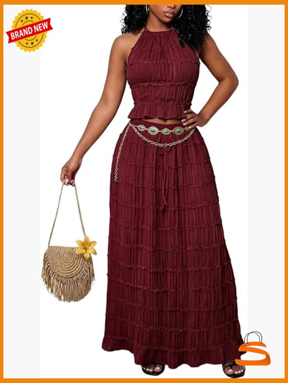 Y2K 2 Piece Outfit Halter Crop Top & Flowy Maxi Skirt Set